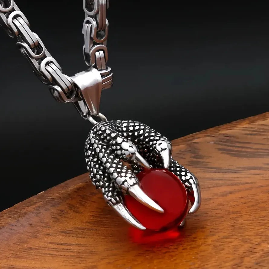 Viking Dragon Claw Necklace Red Bead Pendant Stainless Steel Men Gift
