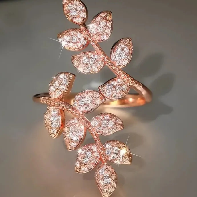 Leaves Shaped Women’s Opening Ring Rose Gold Brass CZ Party Jewelry