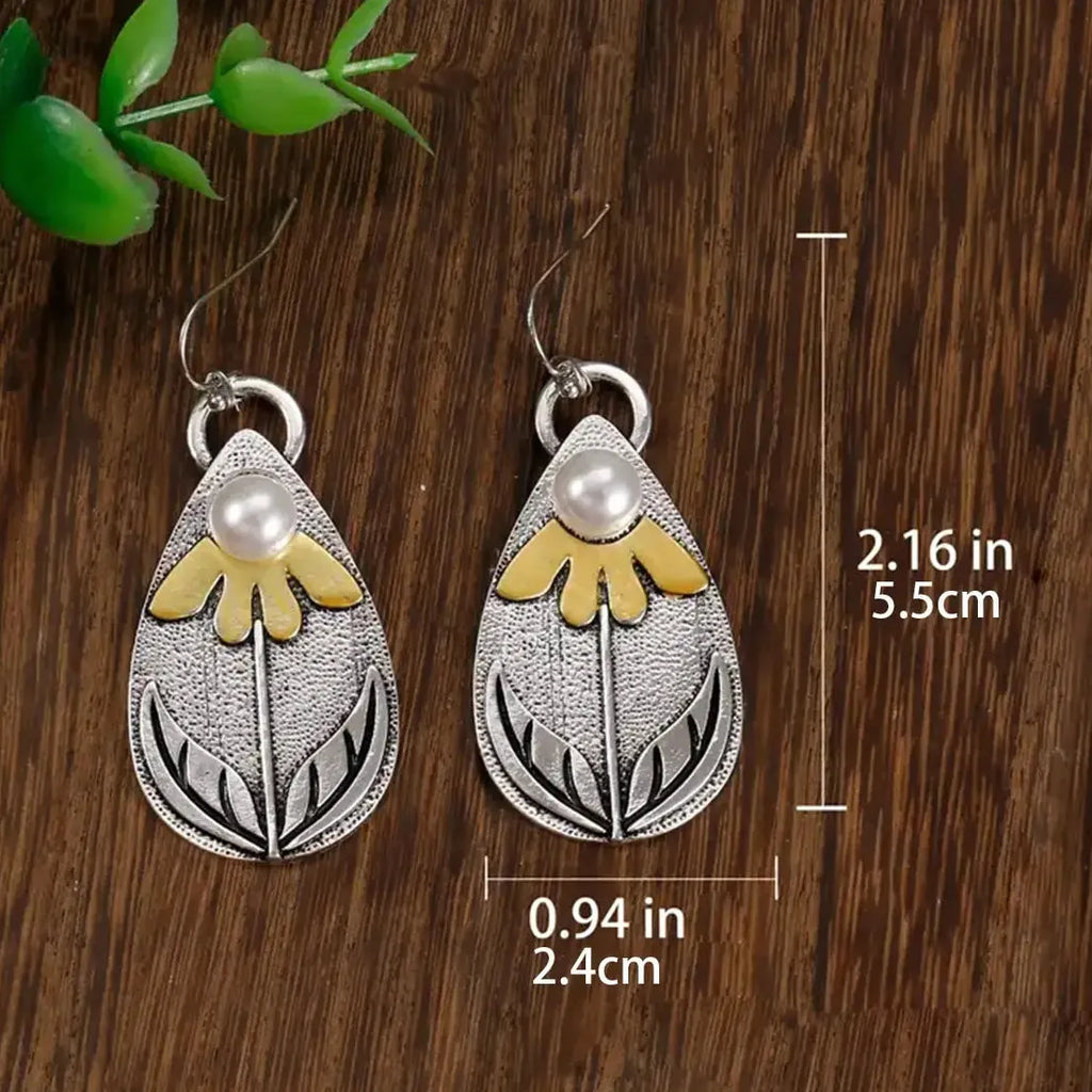 Vintage Bohemian 3D Carved Flower Pendant Pearl Drop Earrings for Women Gift