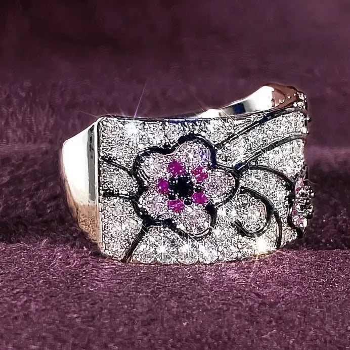 Elegant Pink Flower Cubic Zirconia Brass Ring for Women Fashion Jewelry