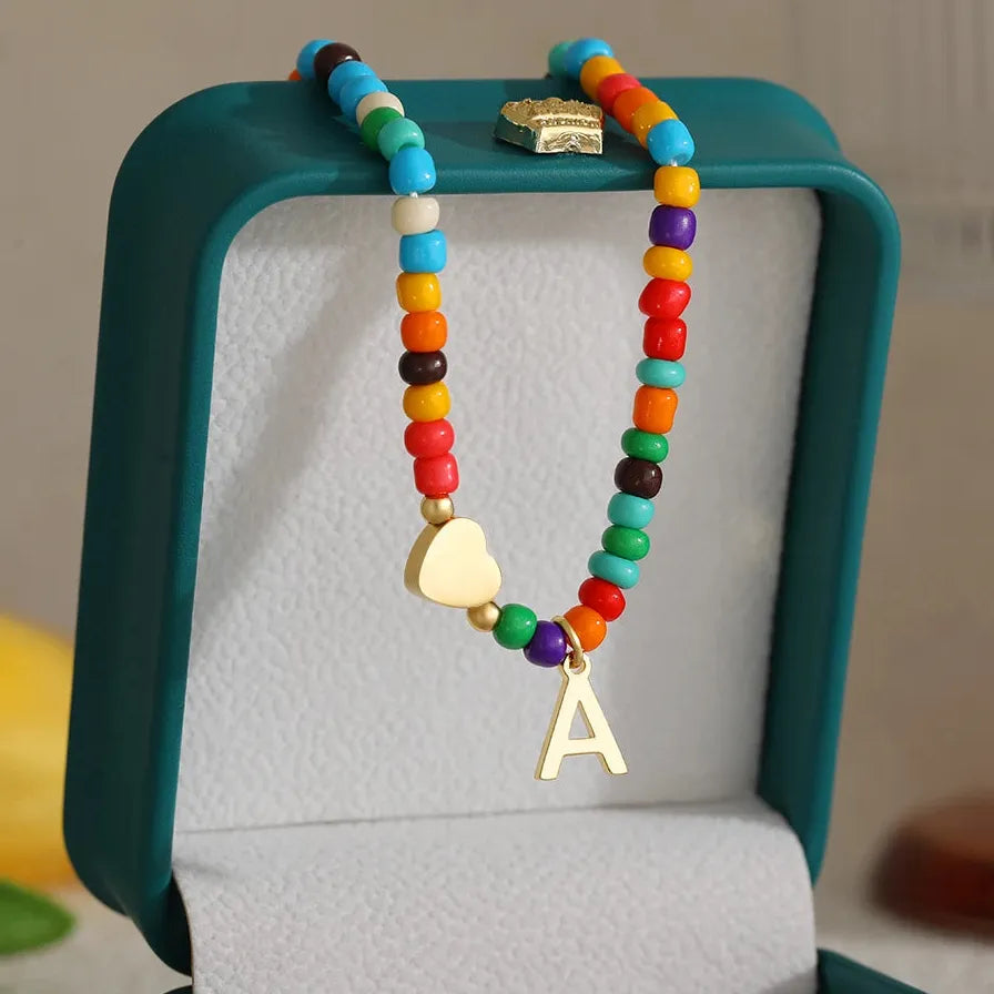 18k Gold Plated Alphabet Letter Pendant Necklace Beads Mini Heart Choker Women