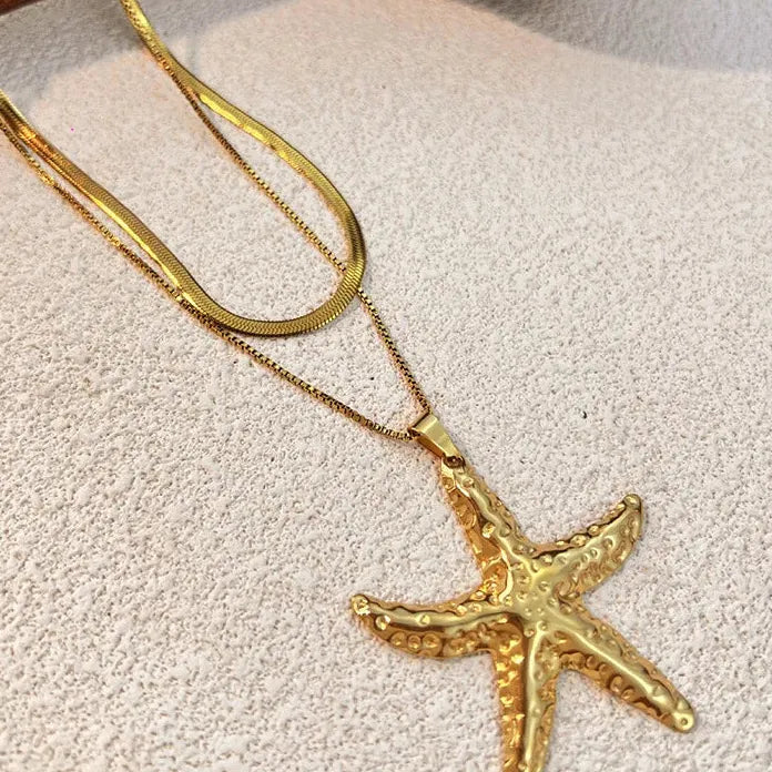 Retro Starfish Butterfly Pendants Polished Metal PVD Hypoallergenic Snake Chain Necklace