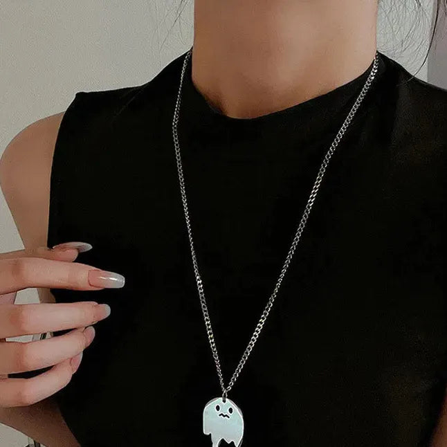 Stainless Steel Geometric Sad Ghost Pendant Necklace Unisex Gift