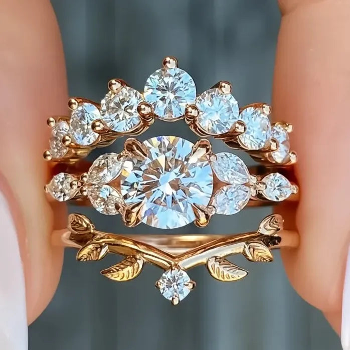 Women Wedding Ring Set 2Pcs Leaf Design Luxury Cubic Zirconia Jewelry