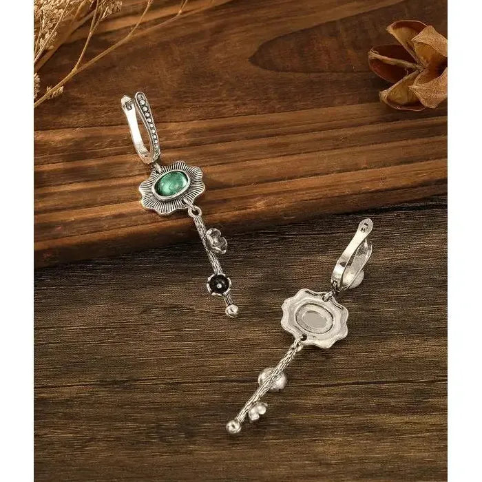 Vintage Zinc Alloy Craftsman Carved Flower Earrings with Green Gemstone Pendant for Women