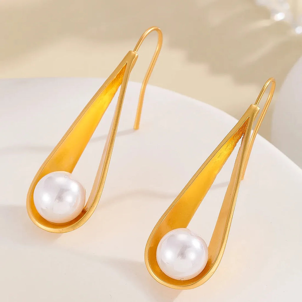 Geometric Hollow Out Imitation Pearl Drop Earrings for Women Bridal Wedding Jewelry