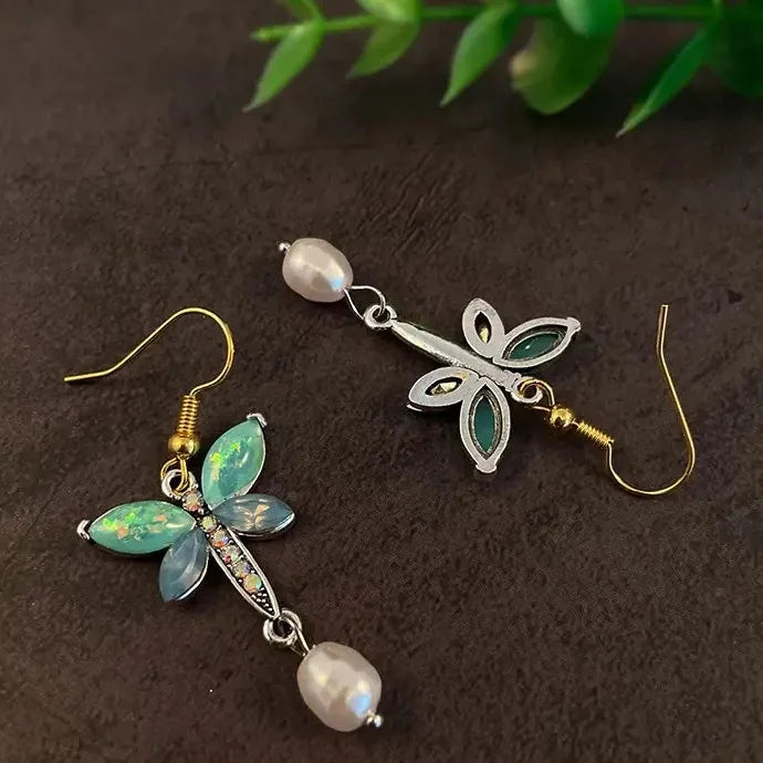 Elegant Dragonfly Carving Seven Color Gemstone Hook Earrings for Women Wedding Jewelry