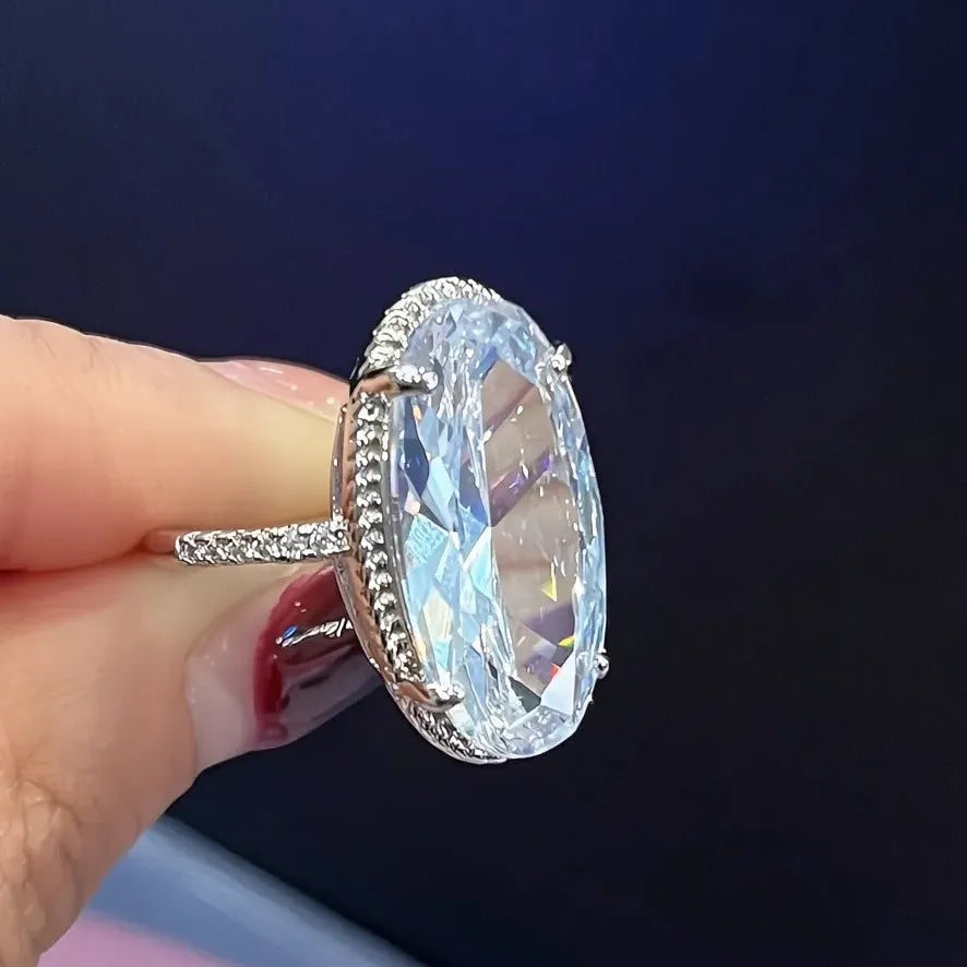 Luxury Oval Cubic Zirconia Wedding Engagement Ring for Women in Silver Brass