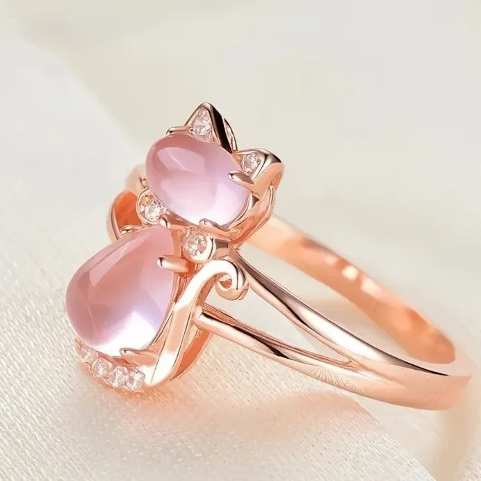 Trendy Pink Cat Cubic Zirconia Brass Ring for Women Girls Party Gift