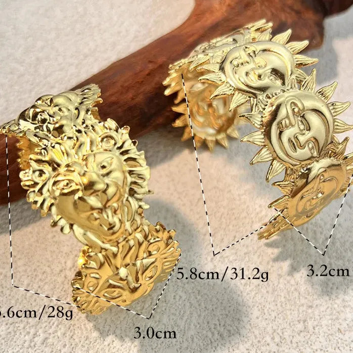 Gold Plated Stainless Steel Punk Sun Lion Geometric Cuff Bracelet Unisex