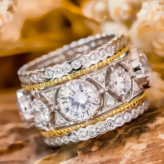 Two-Tone Cubic Zirconia Wedding Band Ring for Women Elegant Jewelry