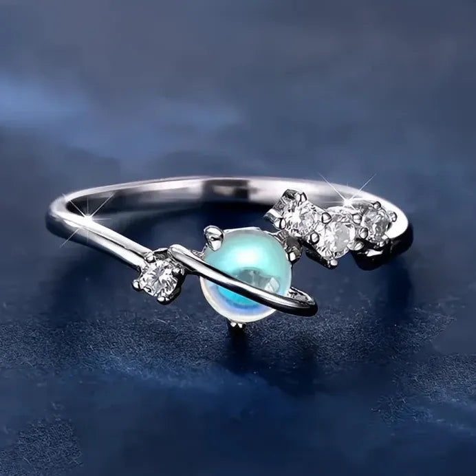 Romantic Planet Brass Wedding Band with Imitation Moonstone & CZ Ring