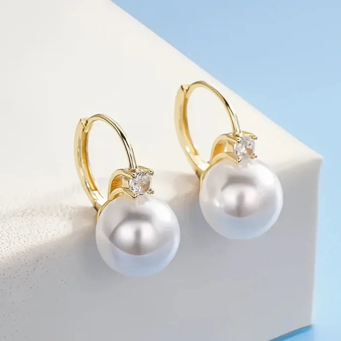 Elegant Copper Alloy Pearl Drop Earrings for Women with Shiny CZ Inlay, Trendy Geometric Design for Wedding Engagement