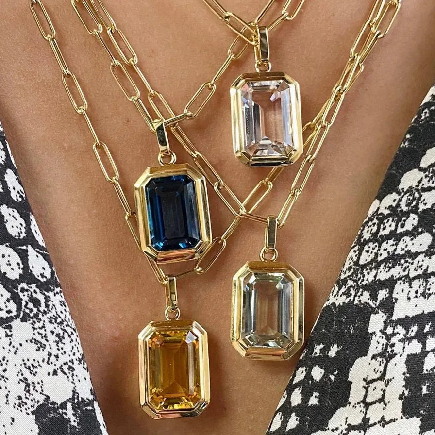 Retro Hip-Hop Multicolor Geometric Square Crystal Pendant Necklace Cuba Chain Women