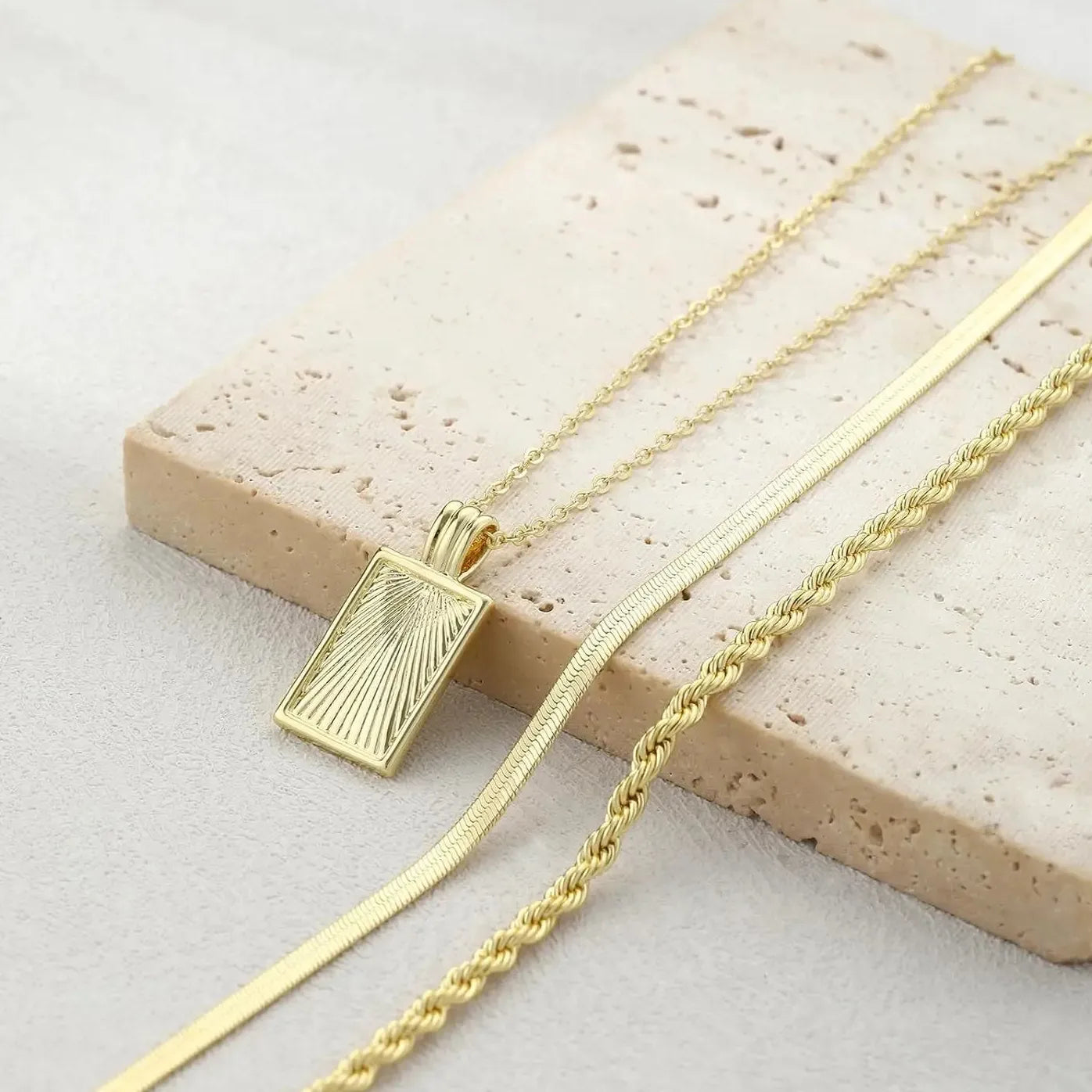 Three Layer Stainless Steel Chain Necklace for Women Square Pendant Choker Geometric Design