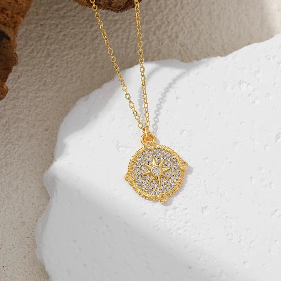 Personality Thick Star Circle Pendant Necklace Stainless Steel CZ Jewelry Gift