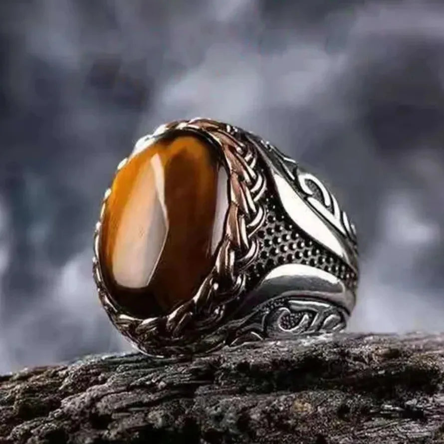 Turkish Double Swords Ring for Men Zinc Alloy Oval CZ Stone Punk Jewelry