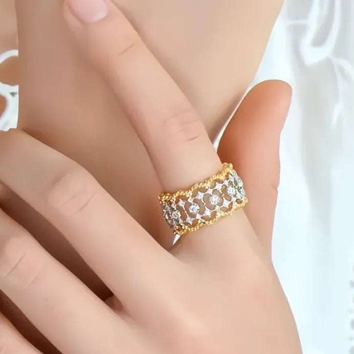 Two-tone Hollow-out Brass Wedding Band with Sparkling Zirconia for Women