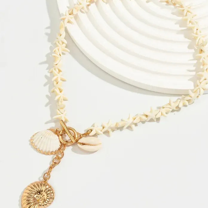 Resin Shell Starfish Pendant Necklace with Gray Pearl Tassel Choker Women’s