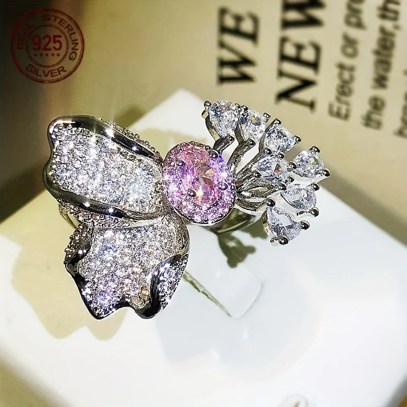 18K Gold Plated Enamel Zircon Ring Round Cut Open Women Wedding