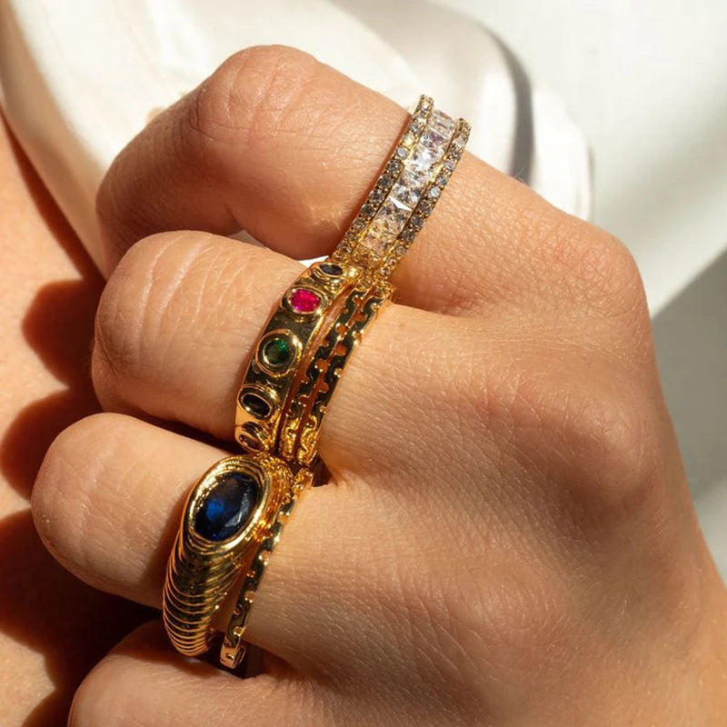 18K Gold Plated Multicolor Oval Crystal Ring for Women Hypoallergenic CZ Zircon Jewelry