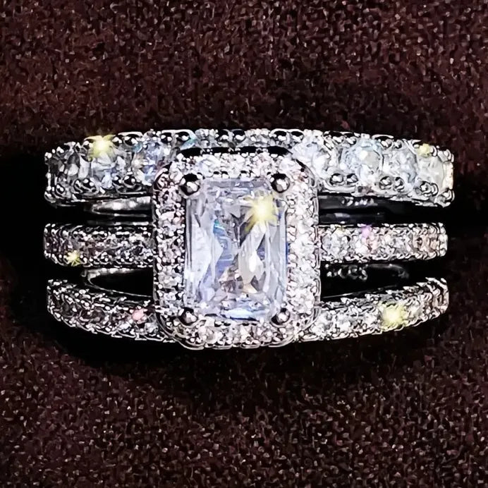 2023 Women’s Geometric Square Cubic Zirconia 3-Piece Wedding Ring Set