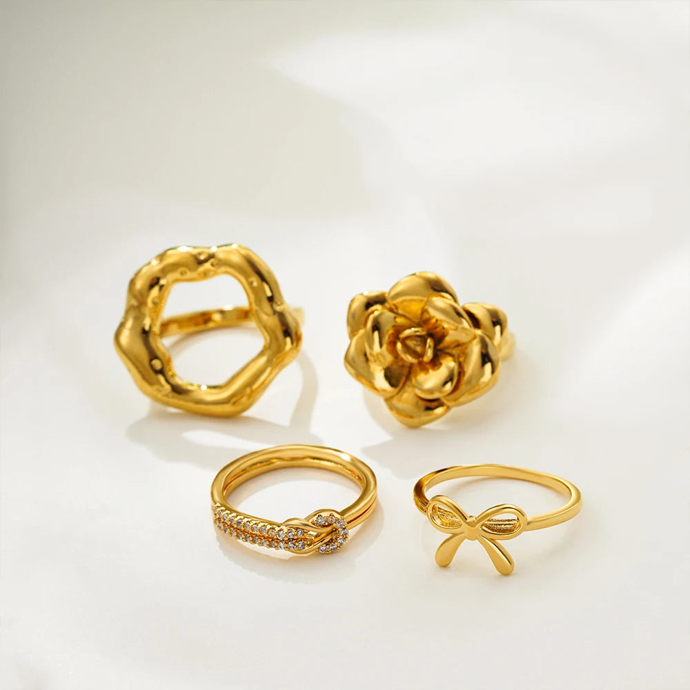 Gold Plated Vintage Flower Petal Hollow Ring Women Zircon Knot Bow Wedding Jewelry