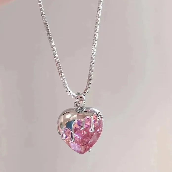 Y2K Pink Zircon Heart Pendant Necklace for Women Zinc Alloy Gift