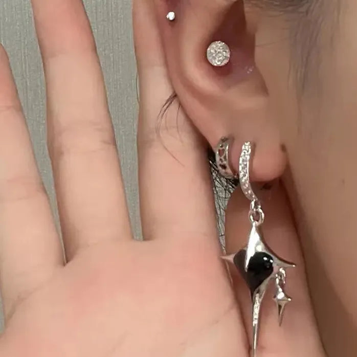 Star Cross Drop Earrings Black Zircon Heart Jewelry for Women Girls
