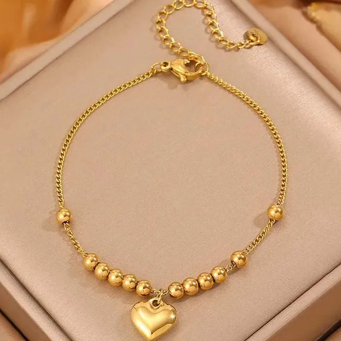 Stainless Steel Gold Heart Pendant Bracelet Women Metal Beaded Bangle Jewelry