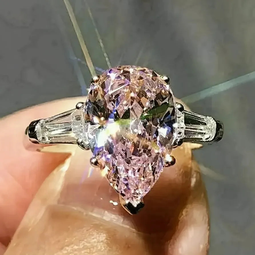 Pear Pink Cubic Zirconia Brass Geometric Engagement Wedding Band Ring Women