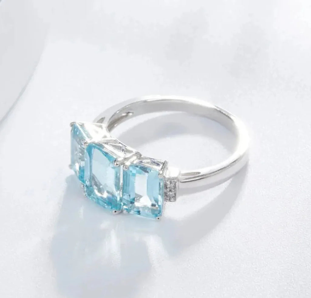 Silver Aquamarine Gemstone Ring for Women Zinc Alloy Wedding Party Jewelry Gift