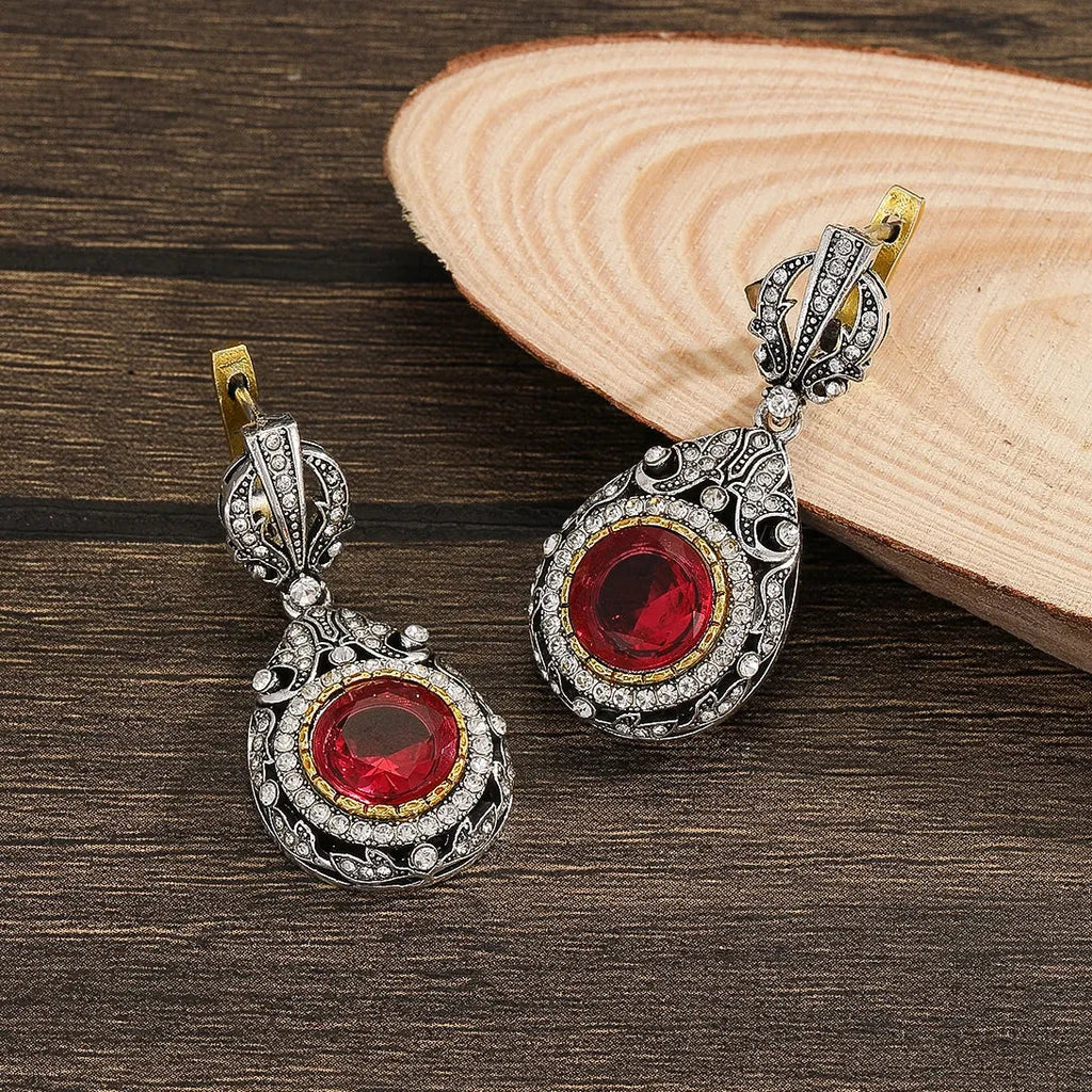 Silver Round Water Drop Flower Earrings with Red Stone for Women Party