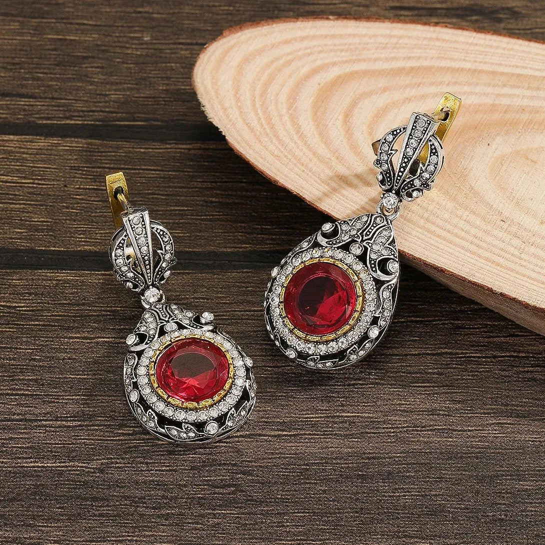 Silver Round Water Drop Flower Earrings with Red Stone for Women Party