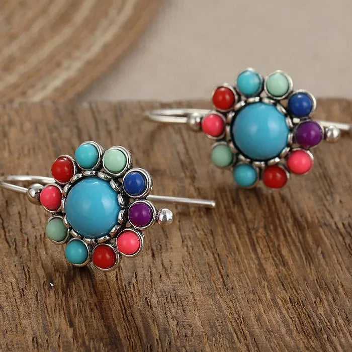 Vintage Sunflower Pendant Earrings Set with Multi-Colored Synthetic Gemstone for Women