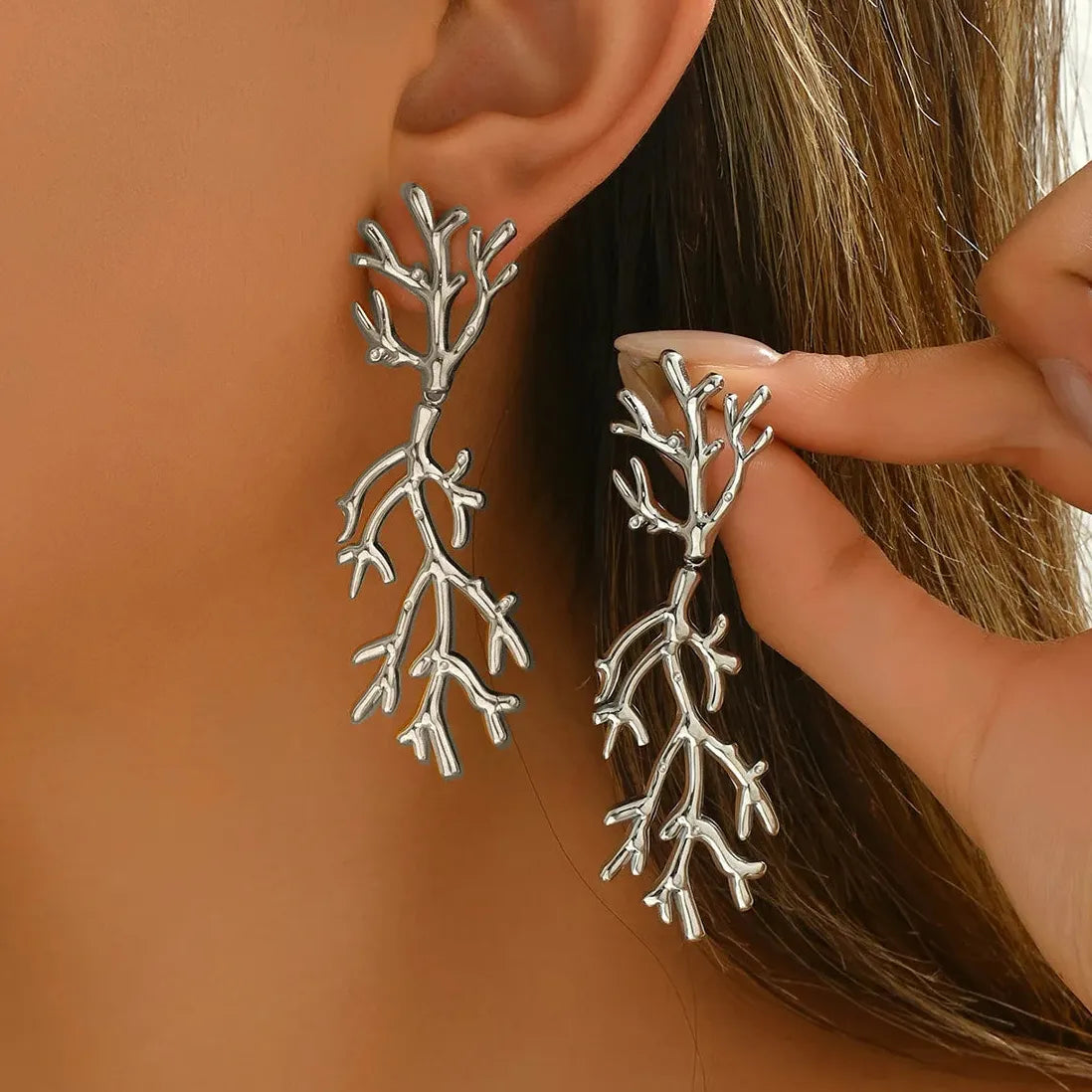 Stainless Steel Tree Branch Drop Earrings for Women Punk Tassel Jewelry Gift