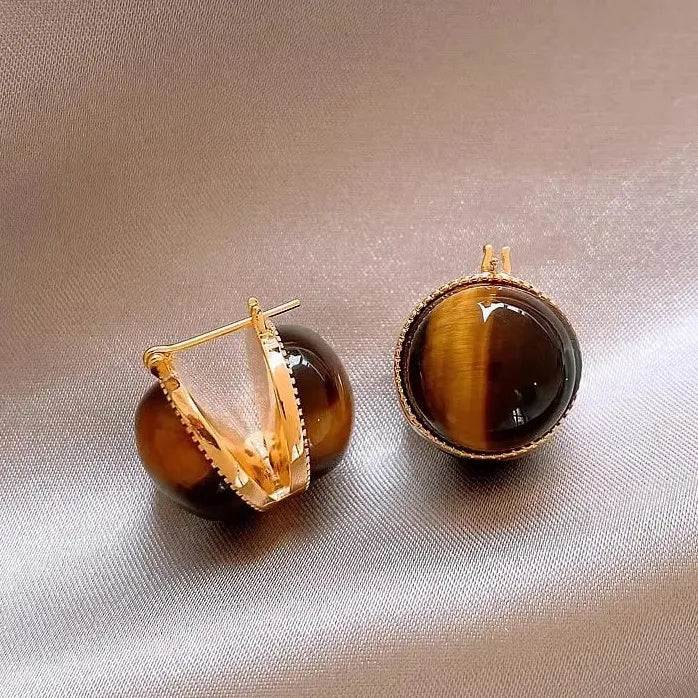Vintage Tiger's Eye Stone Round U-Shaped Hoop Earrings for Women Jewelry