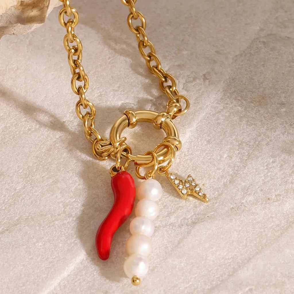 18k Gold Plated Red Chili Pepper Pearl Charm Bracelet Stainless Steel Women Jewelry