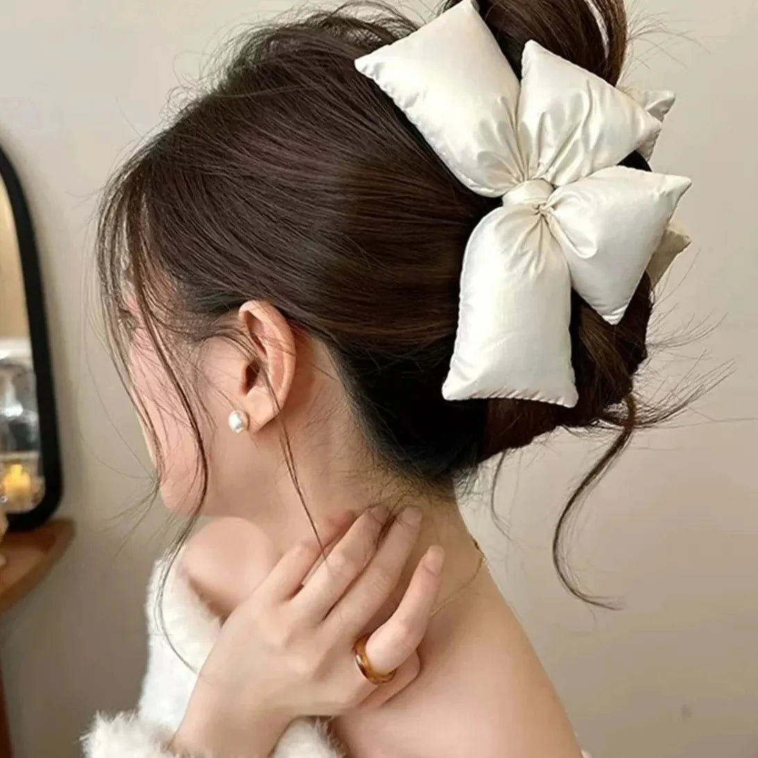 Large Black PU Leather Bow Claw Clip No-Slip Hair Accessory for Thick Hair