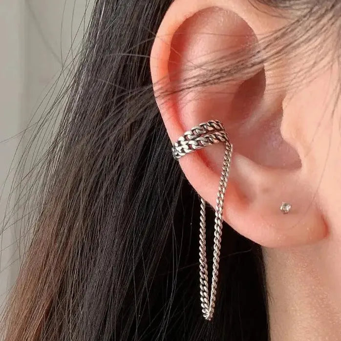 Punk Black Asymmetric Moon Star Clip Earrings Tassel Ear Cuff Jewelry
