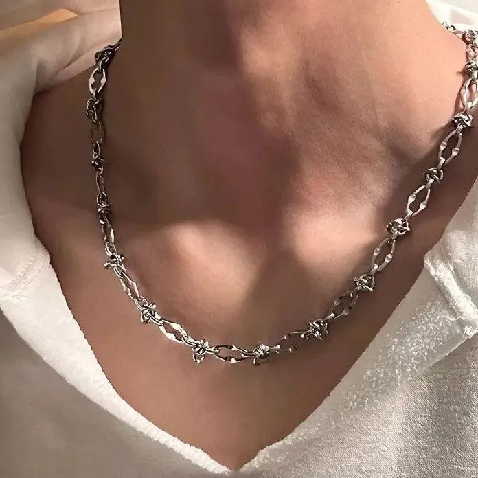 Men's Stainless Steel Knotted Thorn Necklace Hip Hop Silver Pendant Jewelry