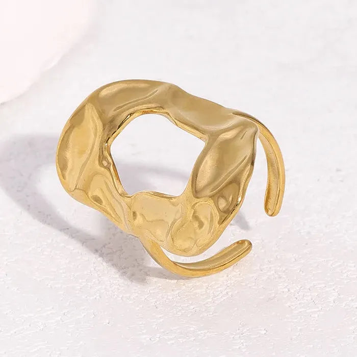 Gold Stainless Steel Irregular Hammered Open Ring Waterproof Gift for Women Men