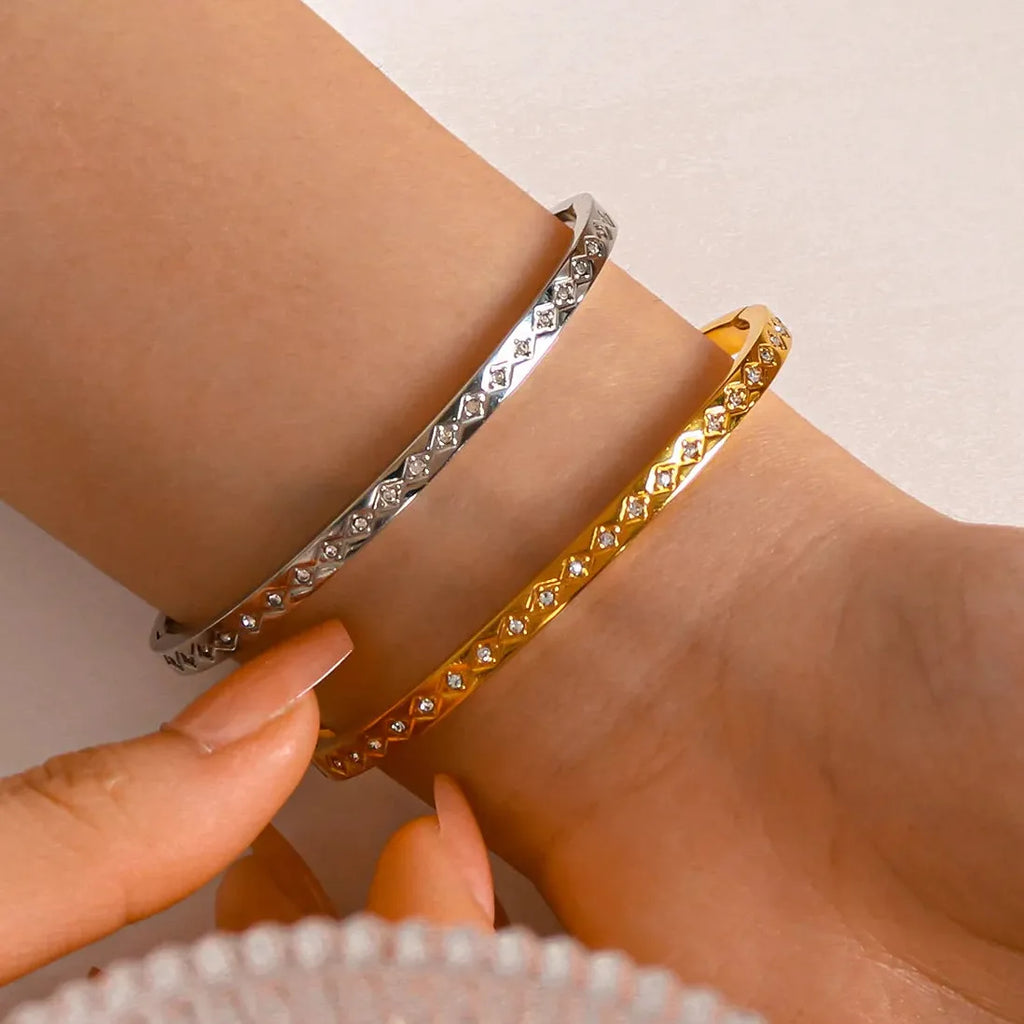 18K Gold Plated Stainless Steel Geometric Cubic Zirconia Bangle Bracelet Women