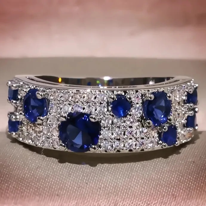 Blue White CZ Geometric Brass Wedding Engagement Ring for Women