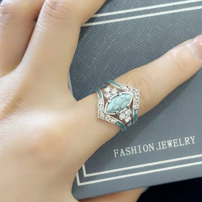 3 Pieces Women's Zinc Alloy Multilayer Hollow Turquoise Engagement Rings Set