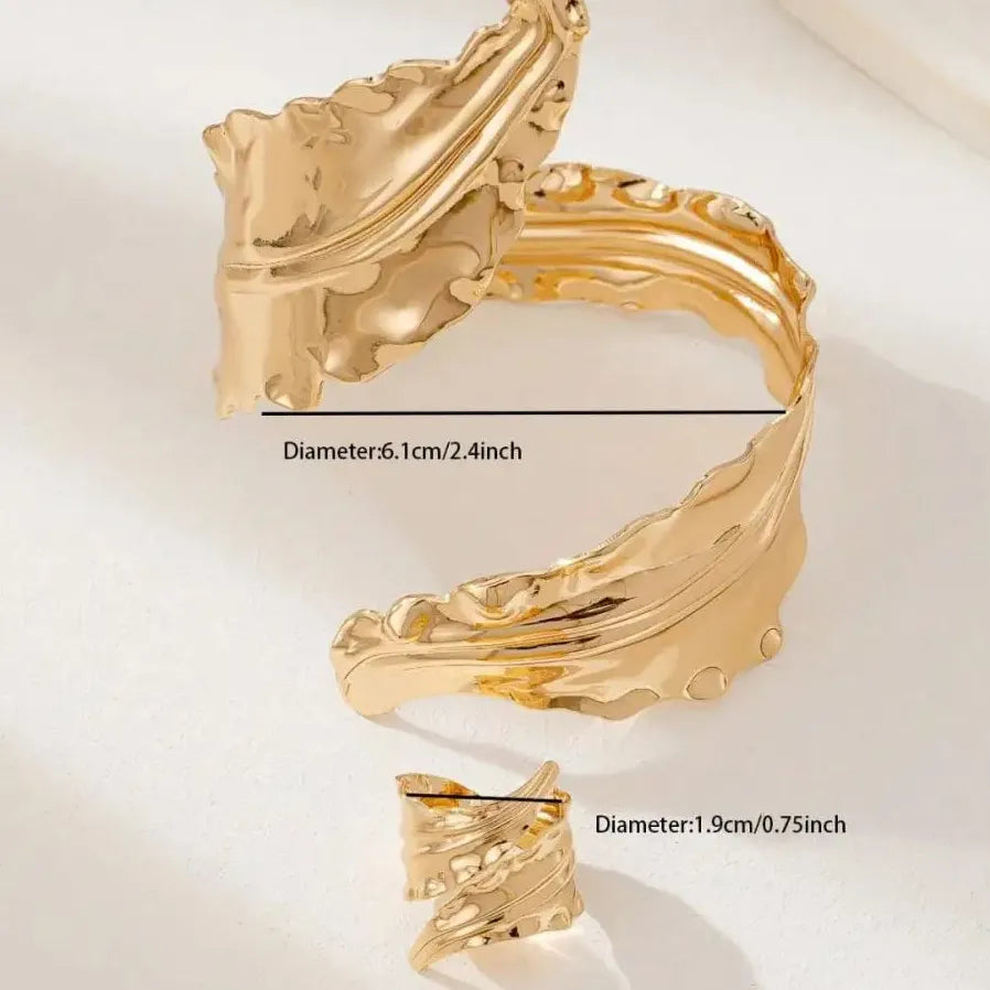 2PCS Vintage Leaf Bracelet & Adjustable Ring Set for Women Jewelry Gift