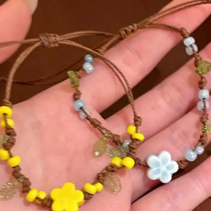 Ceramic Yellow Flower Beaded Rope Bracelet for Women Girls Spring Summer Jewelry