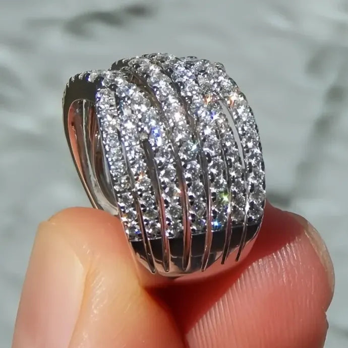 Multi-layer Wide Cross Cocktail Ring Women Silver Cubic Zirconia Jewelry