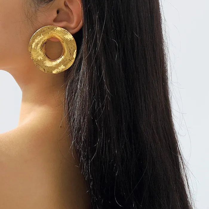 Large Geometric Hollow Metal Earrings for Women Irregular Round Texture