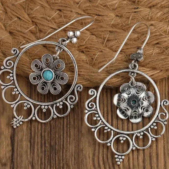 Vintage Blue Flower Hollow Drop Earrings Zinc Alloy Silver Plated Bohemian Gift